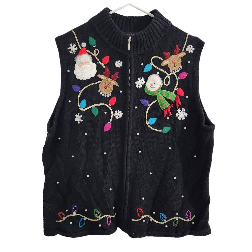 Designers Originals Embroidered Holiday Christmas Full Zip Sweater Vest XL